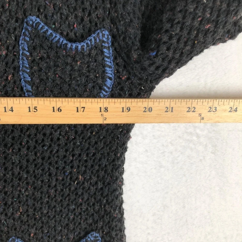 RELAIS Crochet Loose Knit Coatigan Sz‎ L Black & Blue Button Up Cardigan Sweater